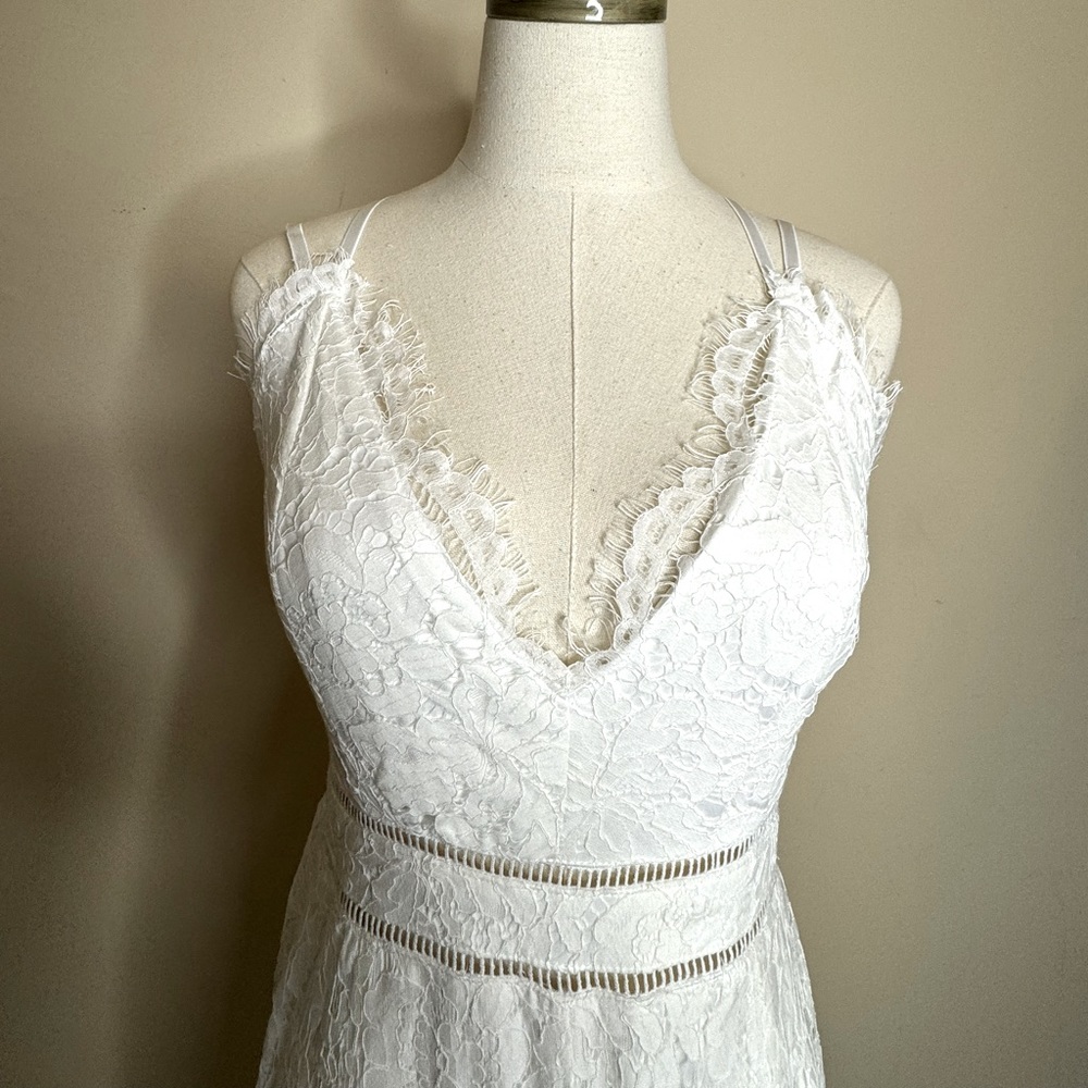 White Bebe Strappy Back Lace Jumpsuit